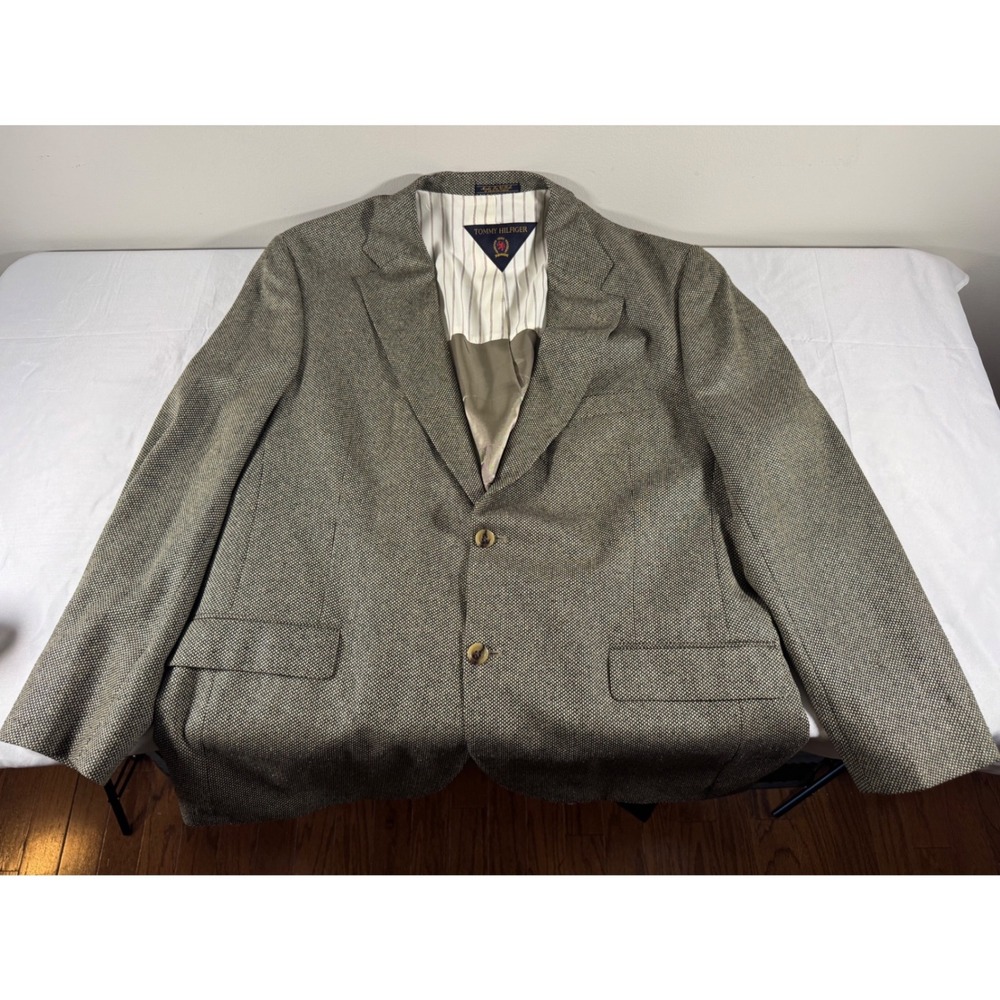 VTG 90s Tommy Hilfiger Mens 44R Pure New Wool Blazer Brwn Houndstooth Sport Coat